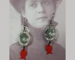 Red Enameled Fish Dangle Earrings: Czech Glass, Antiqued Silver, Niobium  Wires