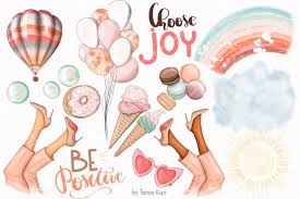 Watercolor Clipart Good Mood Clipart Good Vibes Clipart Happy Girl Rainbow Illustration Planner Stickers Air Balloons Sweets Fashion Clip Art Printable Art Prints Watercolor Clipart