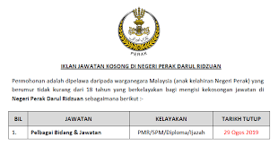 Jawatan kosong kerajaan dan swasta. Jawatan Kosong Di Negeri Perak Darul Ridzuan Kelayakan Pmr Spm Diploma Ijazah Ejawatankini Com