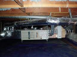A recently installed furnace in a crawl space! Horizontal Furnace Ducts For Efficient Use Of Crawlspace Our Crawlspaces Dry Tidy 4 Clearance 2 Furnace Installation High Efficiency Furnace Crawlspace