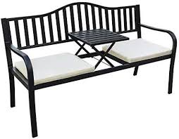 Sundale Outdoor Deluxe Cast Iron Steel Frame Patio Park Garden Bench Chair With Middle Table For Outdoor Wicker Rocking Chairs Iron Steel Wicker Rocking Chair