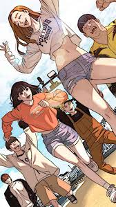 seong taehoon, woo jihyeok, yeo rumi, yoo hobin, viral hit, highres,  2girls, 4boys, beach, beige shorts, black hair, black jacket, black pants,  black shirt, blonde hair, blue shorts, blush, brown hair, closed