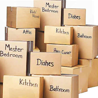 Clearly labelled moving boxes organised room by room