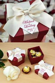 Champagne Burgundy Wedding Wedding Favor Boxes With Satin Ribbon Bow And Personalized Tag Elegant Wedding Favor Candy Box Bonbonniere In 2021 Wedding Gift Boxes Wedding Favor Boxes Candy Wedding Favors