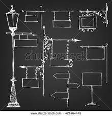 Black And White Sign Board Street Signs Empty Signs Sketch Empty Signs On Black Background Street Lamp Set Of Elements White Hand Drawing Iso Street Signs Street Lamp Chalkboard Art