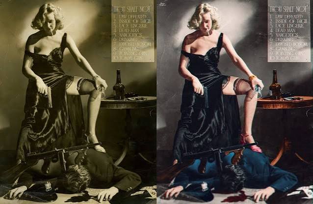 A 1934 staged photo by photographer A.L. "Whitey" Schafer, mocking the Hays  movie censorship Code by violating as many of its rules as possible in a  single image [ it took me