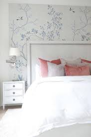 The exposed beam ceiling with white panels also. Pink Blue Gray Hand Painted Chinoiserie Wallpaper Transitional Bedroom