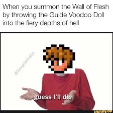 The guide voodoo doll is an item that drops from voodoo demons. When You Summon The Wall Of Flesh By Throwing The Guide Voodoo Doll Into The Fiery Depths Of Hell Ifunny