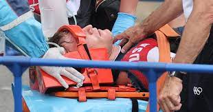 Connor fields is taken off on a stretcher after being injured in a crash during a semifinal race of the cycling bmx finals on july 30, 2021, at ariake urban sports park during the tokyo olympics. F3 T Ndqxrmv1m