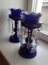 Set of 4 blue wine glasses cut to clear stemware 6.75 tall bohemian czech. Pair Of Antique Cobalt Blue Glass And Crystal Mantle Lustre Catawiki