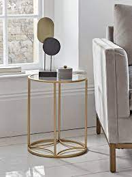 Round side table scalloped flaired iron frame with gold gilt, new marble top beveled edge and standout silver al. Round Gold Glass Side Table