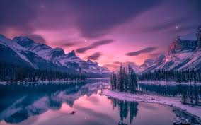 Download Wallpapers Sunset Mountain Landscape Winter Alberta Canada Forest Trees Mountain Lake For Desktop Free Pictures For Desktop Free