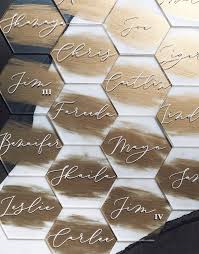 Hexagon Acrylic Place Cards Custom Painted Back First Etsy In 2020 Wedding Name Cards Wedding Table Name Cards Wedding Place Cards