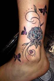 Purple Flower And Flying Butterfly Tattoos On Ankle And Lower Leg Ankle Tattoos For Women Rose Tattoo On Ankle Ankle Tattoo Designs