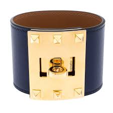 Hermes Kelly Dog Extreme Blue Leather Gold Plated Wide Bracelet S Hermes Tlc