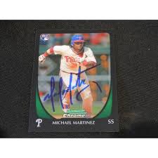 The difference between the old ballplayer and the new ballplayer is the jersey. Phillies Michael Martinez Signed 2011 Bowman Chrome Autograph Card 62 113