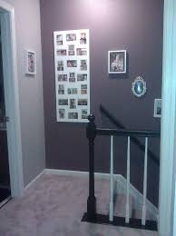 Upstairs Purple Wall Staircase Gray Wall Upstairs Hallway Black Banister Light Gray Carpet Light Grey Walls Purple Walls Grey Walls
