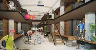 自転車に乗ったままチェックインし 客室内に自転車を持ち込める 尾道にサイクリストのための複合施設3月22日オープン えん乗り 複合施設 シェアハウス インテリア 建築