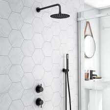 Plumbing a shower valve for tile. Arezzo Matt Black Concealed Individual Diverter Thermostatic Control Valve With Handset 200mm Shower Head Victorian Plumbing Uk Shower Heads Shower Valve Shower Fixtures