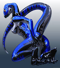 kemono inukai, highres, 1girl, ass, blue skin, bodysuit, breasts, claws,  collar, colored skin, costume, covered erect nipples, dinosaur, female  focus, furry, furry female, kneeling, latex, lizard, mask, orange eyes,  pussy, reptile, solo,