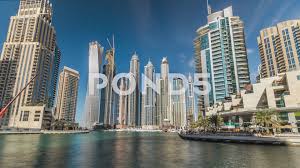 View Of Dubai Marina Towers In Dubai At Day Time Timelapse Hyperlapse Stock Footage Towers Day Marina View Dubai Modern Skyscrapers Tower