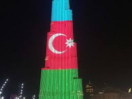 Find images of azerbaijan flag. World S Tallest Building Burj Khalifa In Dubai Lit Up With Colours Of Azerbaijan Flag On Tuesday Evening Uae Gulf News