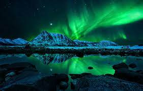 Northern landscape at dusk and with aurora borealis. Wallpaper The Sky Stars Mountains Night Lights Reflection Northern Lights Aurora Borealis Images For Desktop Section Pejzazhi Download