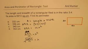 Perimeter = 2 × length plus 2 × width. Ratio Of Length And Width Is 3 To 4 Find Perimeter For Area 6912 Youtube