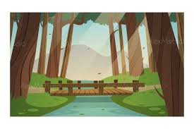 Small Wooden Bridge In The Woods Forest Landscape Summer Landscape Cartoon Illustration