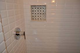 Beveled White Subway Tiles In A Straight Set Pattern With Niche Traditional Bathroom Subway Tiles Bathroom Kids Bathroom