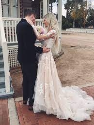 V Neck Long Sleeves High Low Lace Champagne Wedding Dresses With Train Champagne Lace Prom Dresses Wedding Dress Champagne Champagne Wedding Dress Lace Tulle Wedding Dress