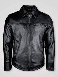 Men S Black Leather Jacket With Regular Shirt Collar Alen Cooper Leather Jacket Black Leather Jacket Mens Hats Fashion