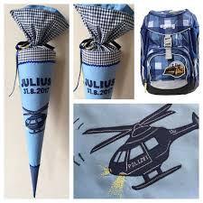 Schultute Aus Stoff Polizeihubschrauber Hubschrauber Blautone Und Kariert Schultute Schultute Stoff Schulstart