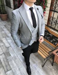 Italyan Stil Erkek Ceket Yelek Pantolon Gri Kombin Takim Elbise T2337 Takim Elbise Stil Stil Erkek