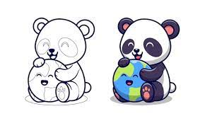 Desenhos De Panda Fofinho Com Desenhos De Terra Para Colorir Para Criancas Vetor Premium