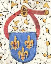 heraldic shield azure three fleurs de lis or on purse on belt with buckle and strap end book of hours fr book of hours illumination art fleur de lis