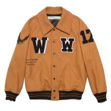 Off White Varsity Jacket With Patches Light Brown Off White Varsity Jacket Mens Designer Fashion Varsity Jacket