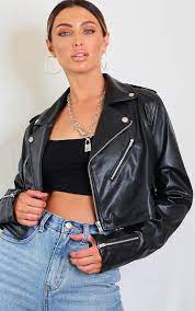 Black Cropped Pu Zip Detail Biker Jacket Cropped Biker Jacket Trendy Leather Jacket Crop Top With Jeans