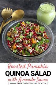 Moroccan Spiced Roasted Pumpkin And Quinoa Salad Topped With Homemade Avocado Dressin Vegetarian Recipes Healthy Salad Recipes For Dinner Healthy Salad Recipes