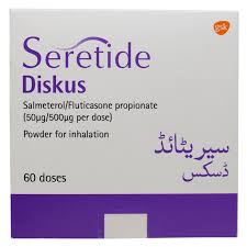 Seretide 50mcg/250mcg accuhaler inhalation is a combination of two drugs fluticasone and salmeterol in a single form. Seretide Diskus 50mg 500mg 60 Doses Price In Pakistan