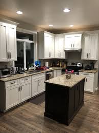 New Kitchen Dover White Cabinets Cherry Peppercorn Island Santa Cecilia Granite Walls Revere Pewter Red Kitchen Walls Revere Pewter Kitchen Brown Kitchens