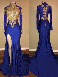 Royal Black And Gold Ball Gowns Trumpet Mermaid High Neck Long Sleeves Sweep Brush Train Applique Spandex Dresses Prom Dresses Long With Sleeves Prom Dresses With Sleeves Prom Dresses Blue