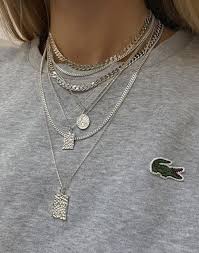 Lacoste Grey Sweatshirt Silver Layered Chain And Coin Necklaces Blonde Balayage Hair Best In 2020 Chain Necklace Outfit Necklace Outfit Layered Necklaces Silver
