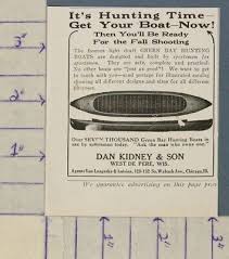 1916 DAN KIDNEY BOAT CANOE WEST DE PERE OUTDOOR CAMP DECOR HISTORIC AD  A-1697