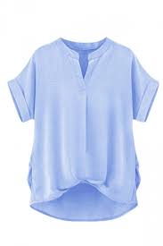 Womens Plain Stand Collar High Low Short Sleeve Blouse Light Blue Pink Queen