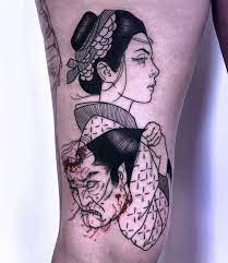 In many japanese artworks like paintings or tattoos, the geisha is associated with cherry blossoms that are the symbol of speciality of japan. Neo Japanese Geisha Tattoo