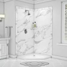 Flexstone Splendor 40 In X 40 In X 80 In 7 Piece Easy Up Adhesive Corner Shower Wall Surround In Calacatta White Ssk40407821cw Shower Surround Corner Shower Kits Shower Panels