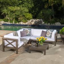 Noble House Brava Gray 4 Piece Wood Outdoor Sectional Set With White Cushions 55324 The Home Depot Diy Projects Outdoor Furniture Outdoor Furniture Design Patio Sectional
