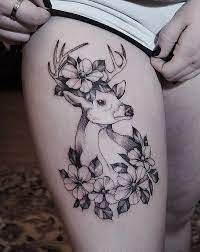 Deer themed designs are likely to be sized from medium to large since a relatively high level of detail is required to render the animal properly. 45 Inspiring Deer Tattoo Designs Cuded Deer Tattoo Deer Tattoo Designs Flower Thigh Tattoos