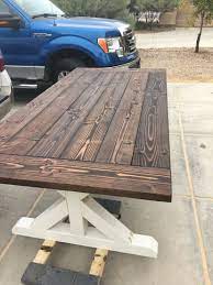 The gleaming white glass top is rectangular and seats four in style. Farmhouse Table With Off White Legs Dark Mixed Stain Top Www Facebook Com Champtaste Dark Table Solid Wood Table Farmhouse Table